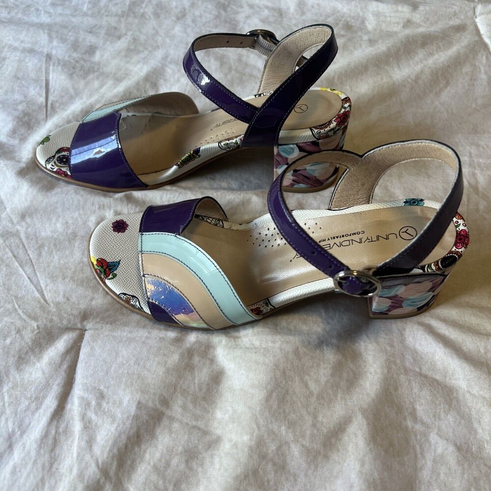 Unity In Diversity Leather Block Heel Sandals Pur… - image 3